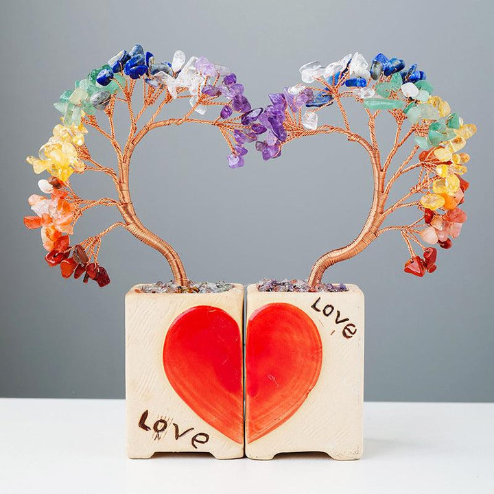 details of crystal heart couple bonsai tree with flowerpot base