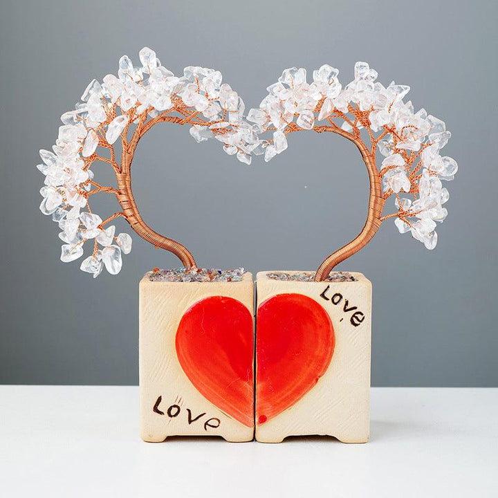 clear quartz crystal heart couple bonsai tree with flowerpot base
