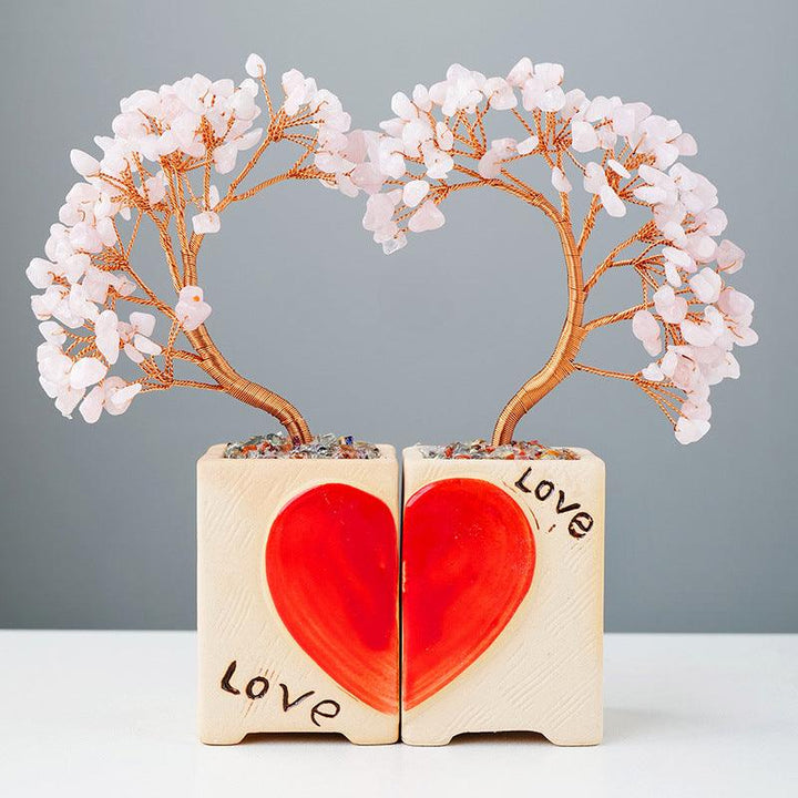 rose quartz crystal heart couple bonsai tree with flowerpot base