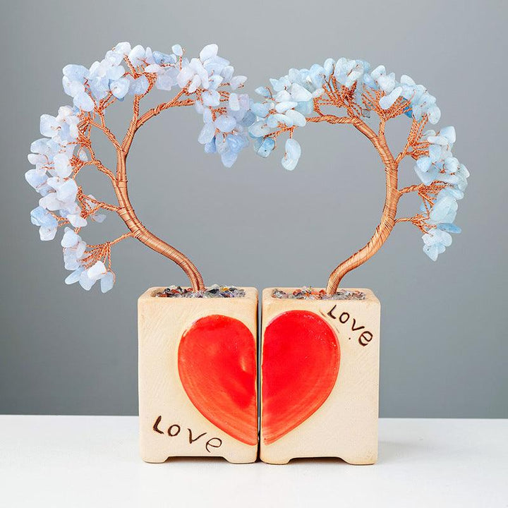 aquamarine crystal heart couple bonsai tree with flowerpot base