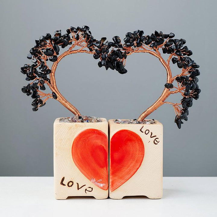 obsidian crystal heart couple bonsai tree with flowerpot base