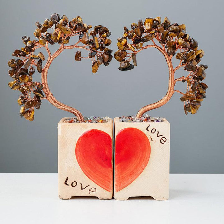 tiger's eye crystal heart couple bonsai tree with flowerpot base