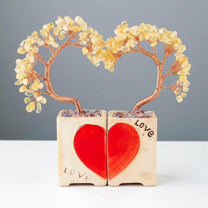 citrine crystal heart couple bonsai tree with flowerpot base