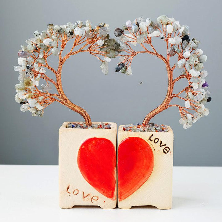 peridot crystal heart couple bonsai tree with flowerpot base