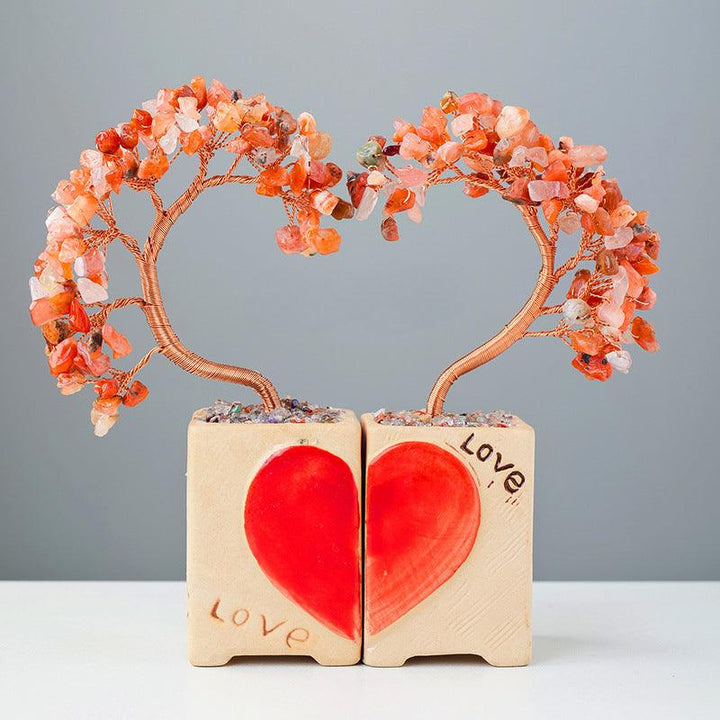 red crystal heart couple bonsai tree with flowerpot base