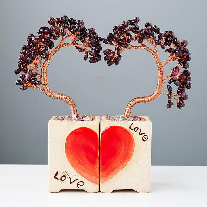 garnet crystal heart couple bonsai tree with flowerpot base
