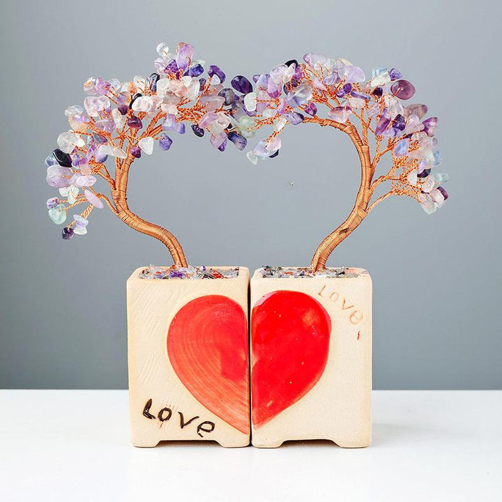 rainbow fluorite crystal heart couple bonsai tree with flowerpot base