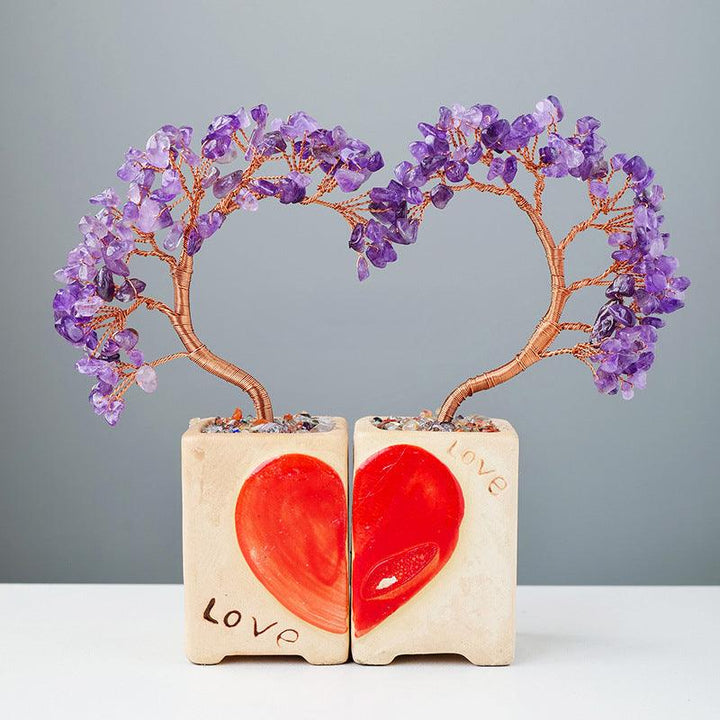 amethyst crystal heart couple bonsai tree with flowerpot base