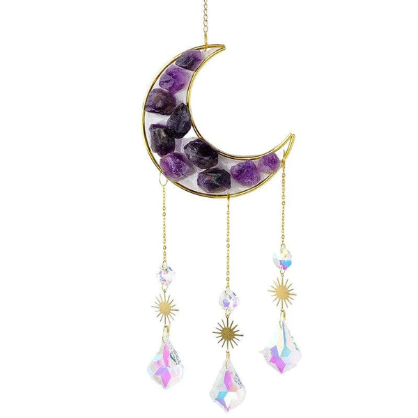Amethyst crystal moon wind chime pendant wall hanging with crystal raw stones