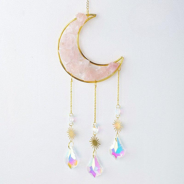 Rose Quartz crystal moon wind chime pendant wall hanging with crystal raw stones