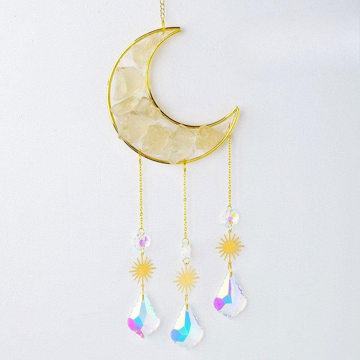 Citrine crystal moon wind chime pendant wall hanging with crystal raw stones