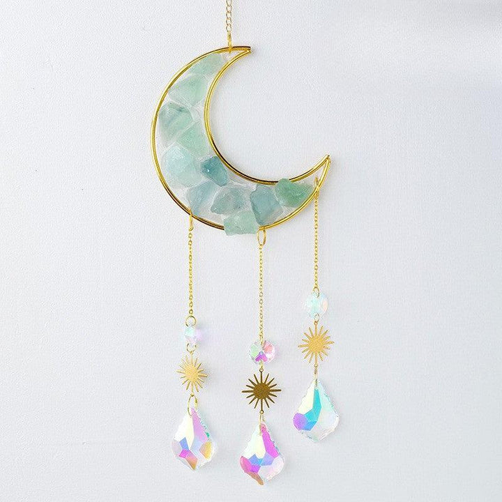 Green Fluorite crystal moon wind chime pendant wall hanging with crystal raw stones
