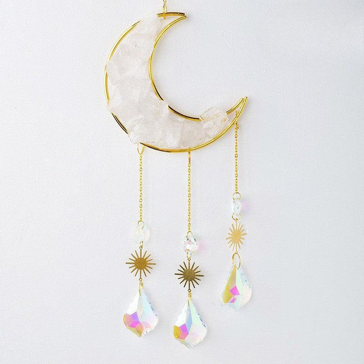 Clear Quartz crystal moon wind chime pendant wall hanging with crystal raw stones