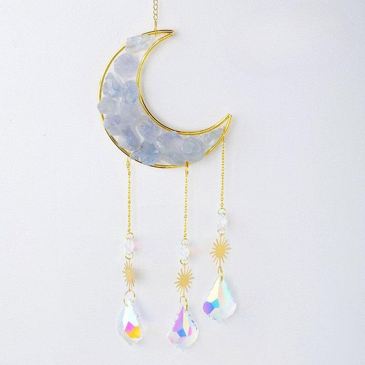 Celestite crystal moon wind chime pendant wall hanging with crystal raw stones