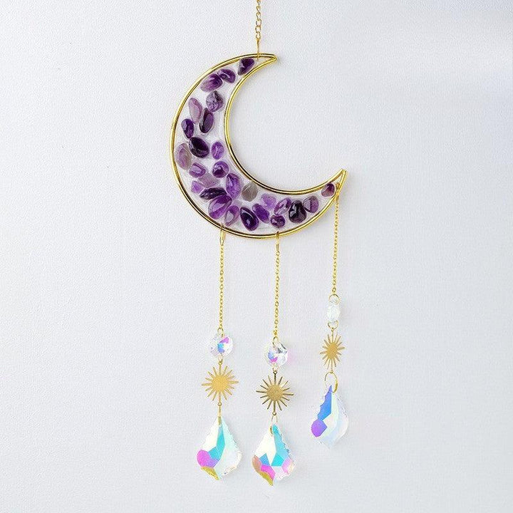 Amethyst crystal moon wind chime pendant wall hanging with crystal chips