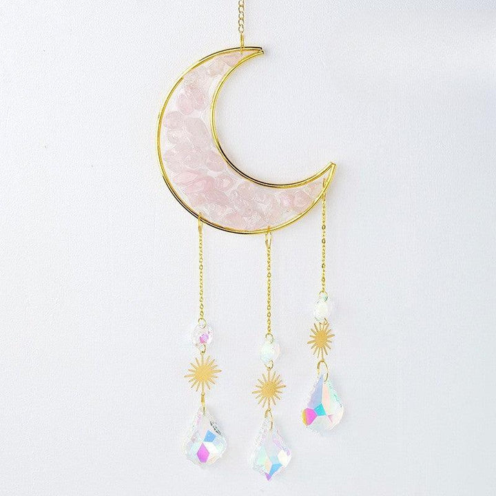 Rose Quartz crystal moon wind chime pendant wall hanging with crystal chips