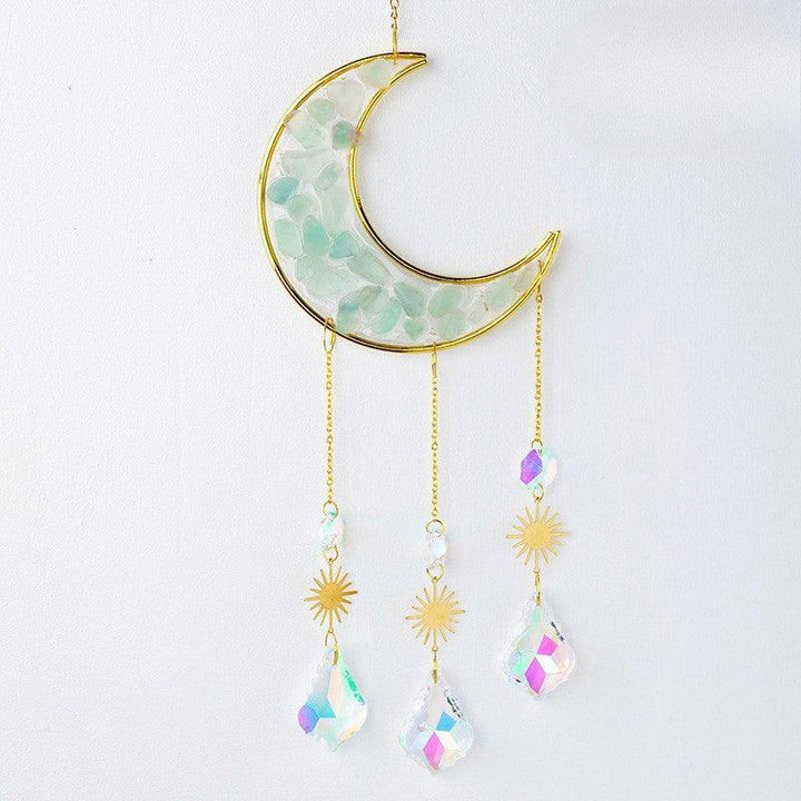 Green Fluorite crystal moon wind chime pendant wall hanging with crystal chips