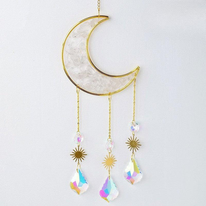 Clear Quartz crystal moon wind chime pendant wall hanging with crystal chips