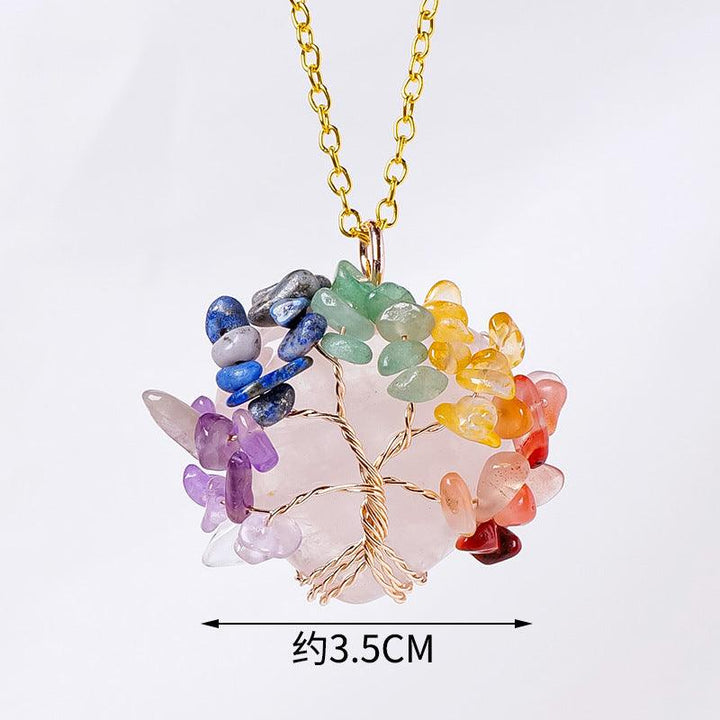 rose quartz crystal rainbow tree of life chakra necklace pendant