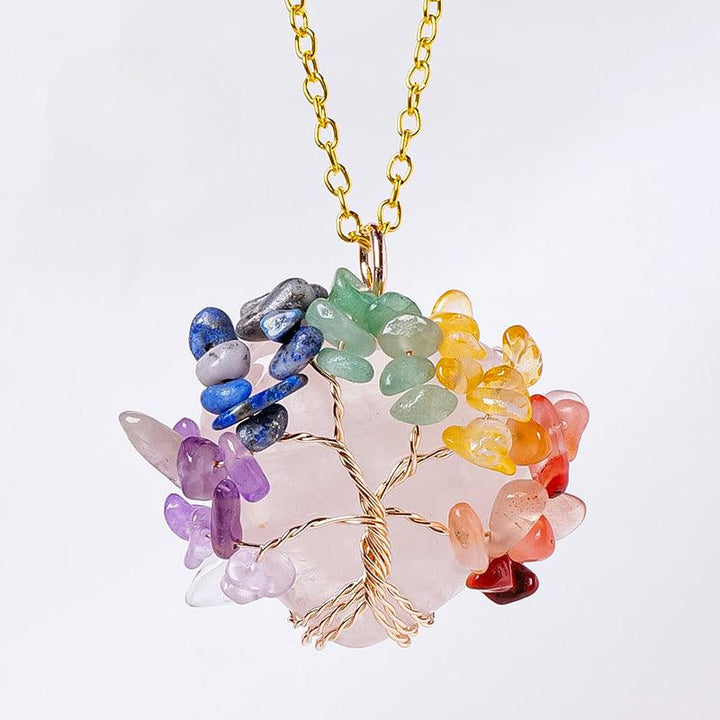 rose quartz crystal rainbow tree of life chakra necklace pendant