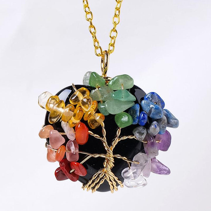obsidian crystal rainbow tree of life chakra necklace pendant
