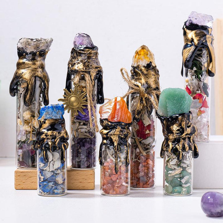 crystal stone magic bottle energy raw stone spell jars on the table