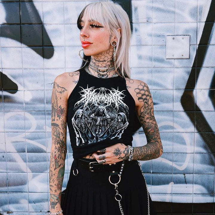 a woman wear a dark gothic casual camisole sleeveless tank top