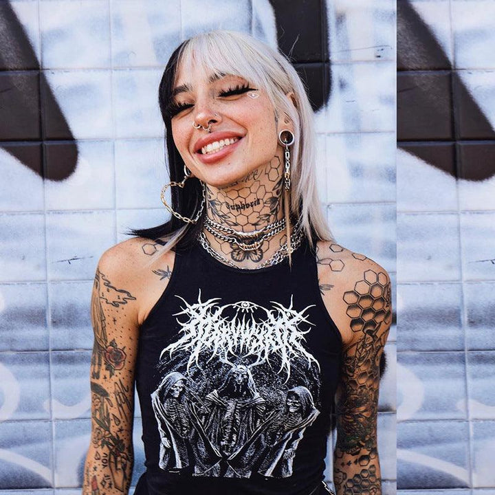 a woman wear a dark gothic casual camisole sleeveless tank top