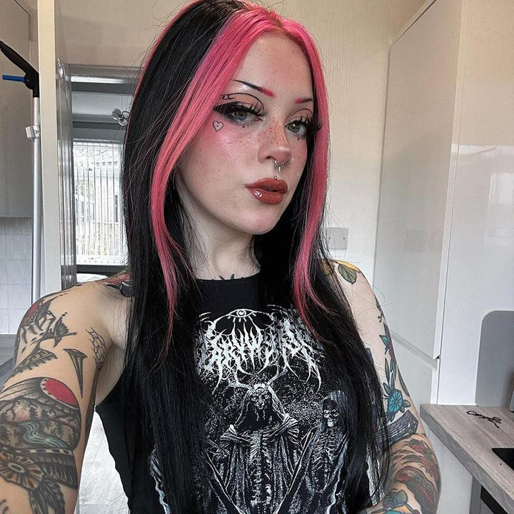 a woman wear a dark gothic casual camisole sleeveless tank top