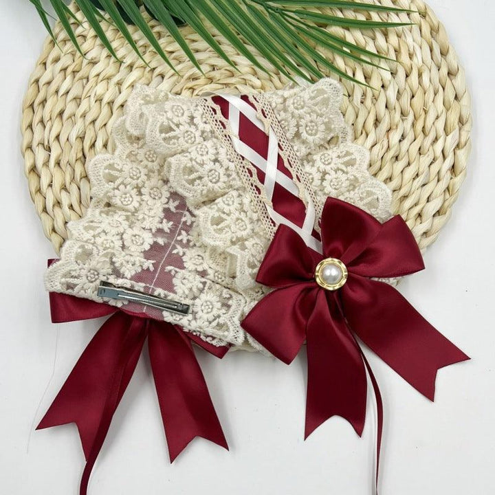 details of red and white gothic lace lolita hair band