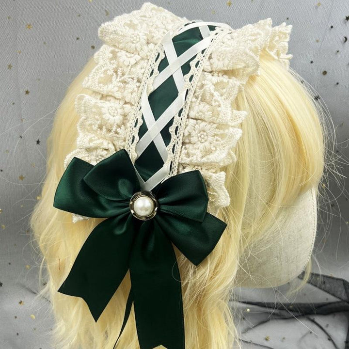 deep green and white gothic lace lolita hair band