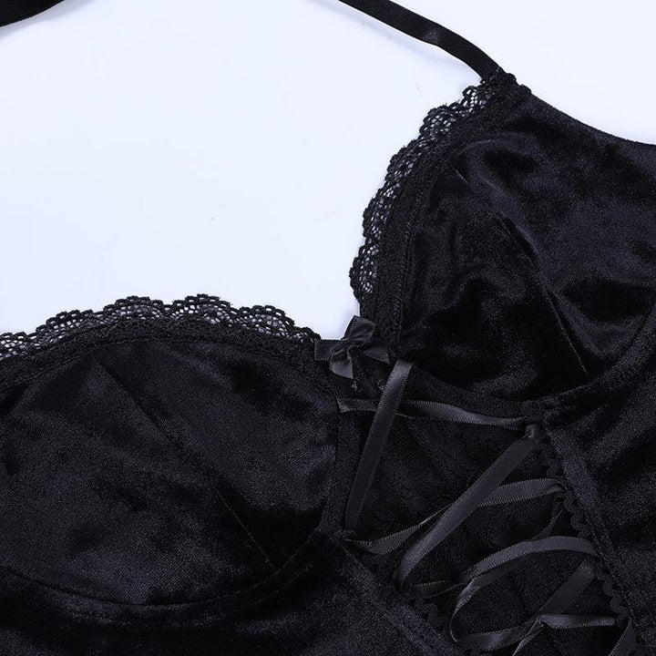 details of a dark gothic lace velvet sleeveless top vest