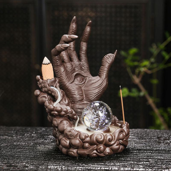 devils hand and eye with led light backflow incense burner holder