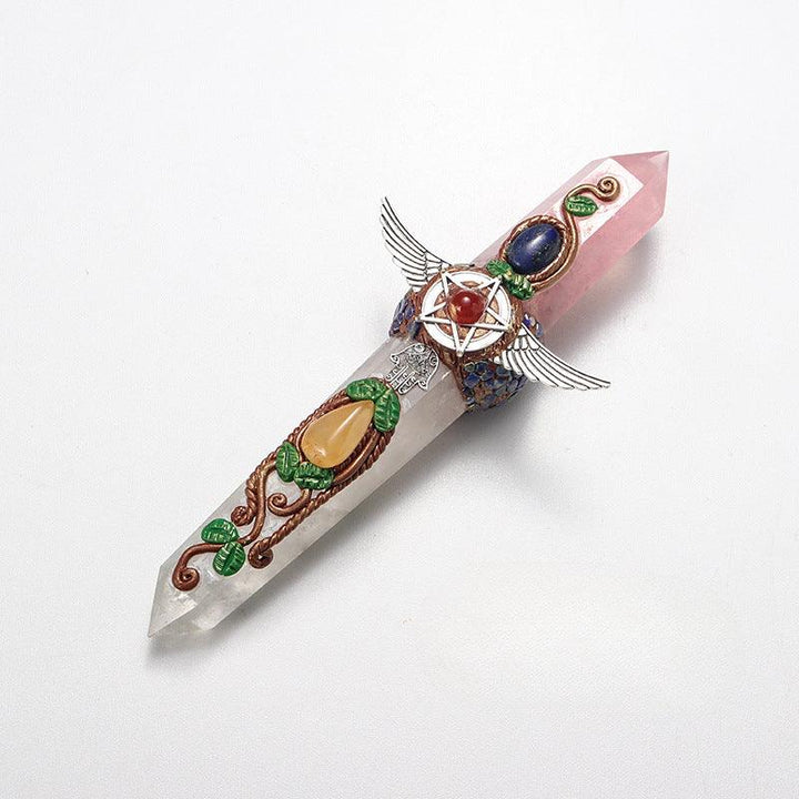 dual tip Rose Quartz & Clear Quartz crystal wand with double colored crystal tower