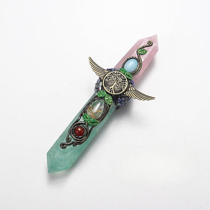 dual tip Rose Quartz & Green Fluorite crystal wand with double colored crystal tower