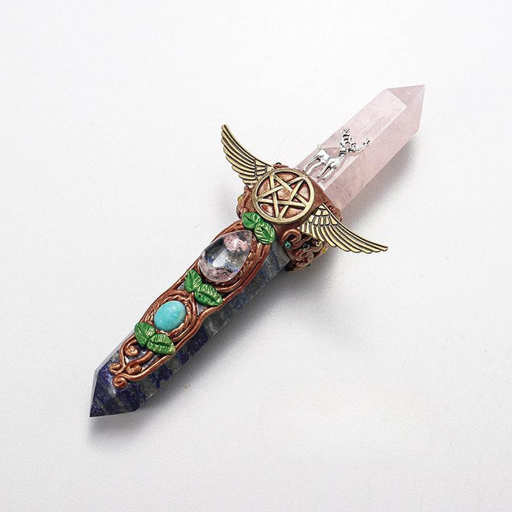 dual tip Rose Quartz & Lapis Lazuli crystal wand with double colored crystal tower