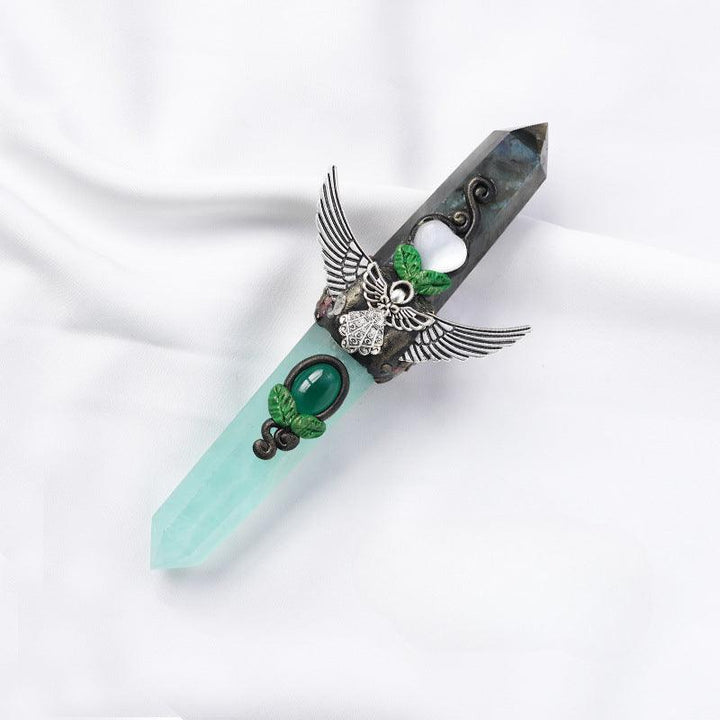 dual tip Labradorite & Green Fluorite crystal wand with double colored crystal tower