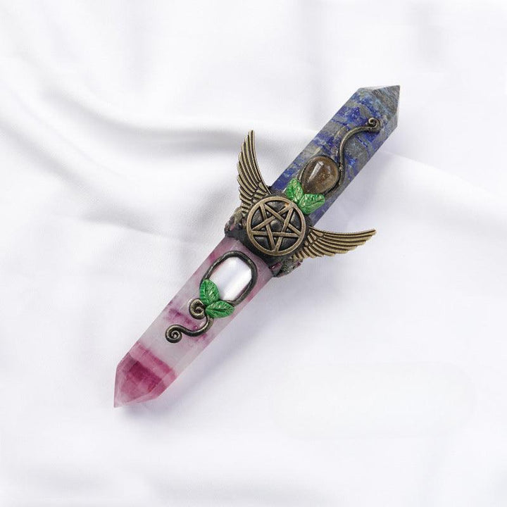 dual tip Lapis Lazuli & Lavender Fluorite crystal wand with double colored crystal tower