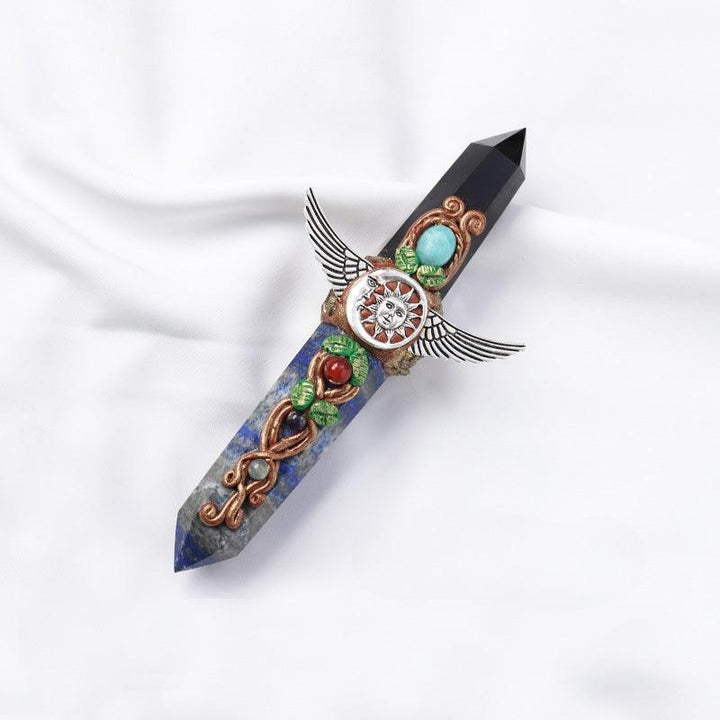 dual tip Lapis Lazuli & Obsidian crystal wand with double colored crystal tower