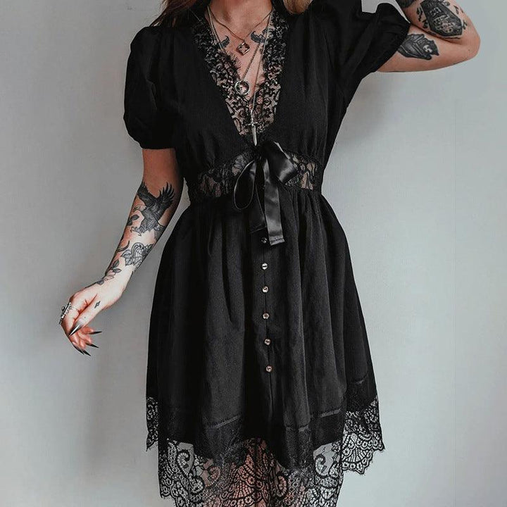 a woman wear an elegant slim pleated black lace gothic long dress 04