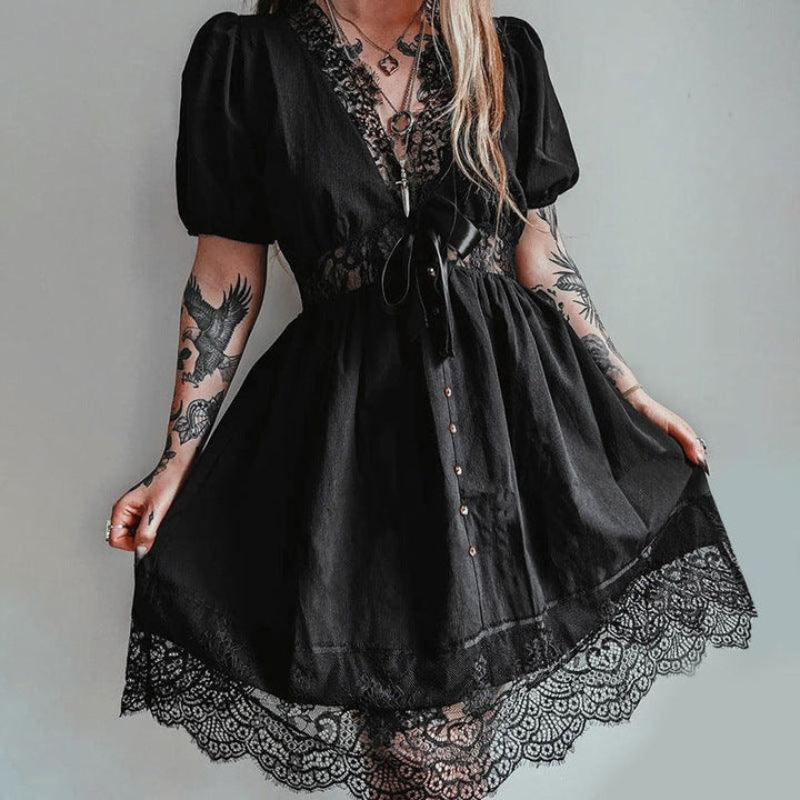a woman wear an elegant slim pleated black lace gothic long dress 05