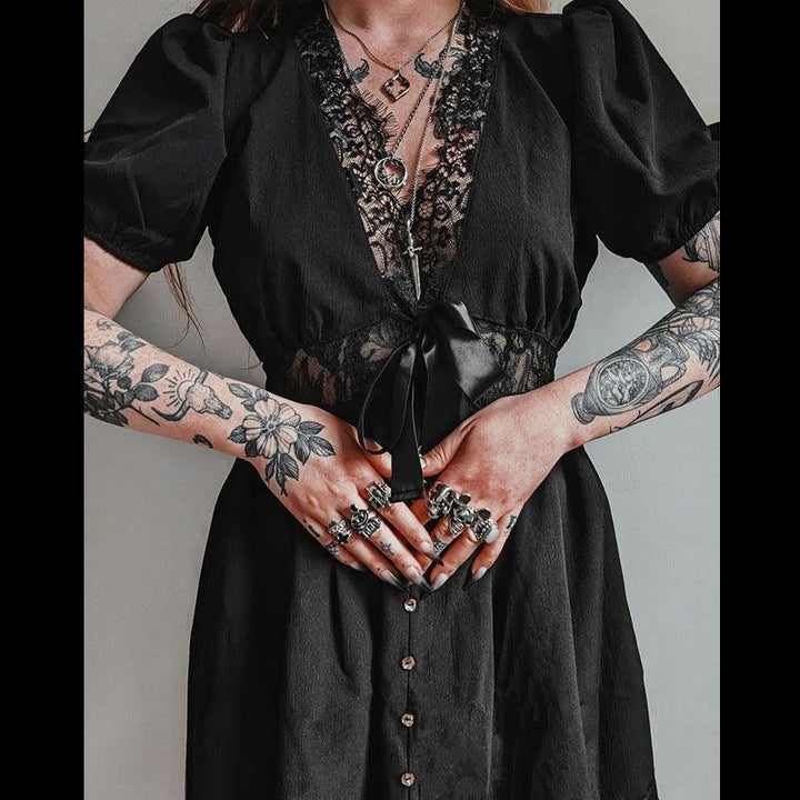 a woman wear an elegant slim pleated black lace gothic long dress 08