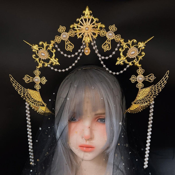 gold gothic halo crown headwear with beaded pendant