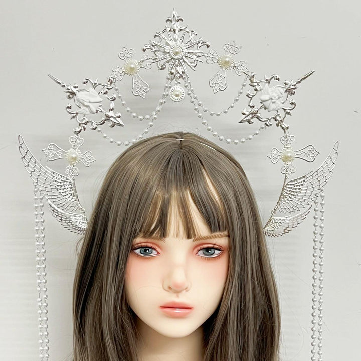 white gothic halo crown headwear with beaded pendant