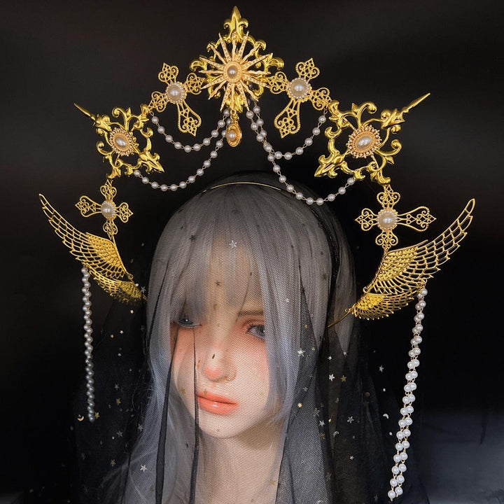 details of gold gothic halo crown headwear with beaded pendant