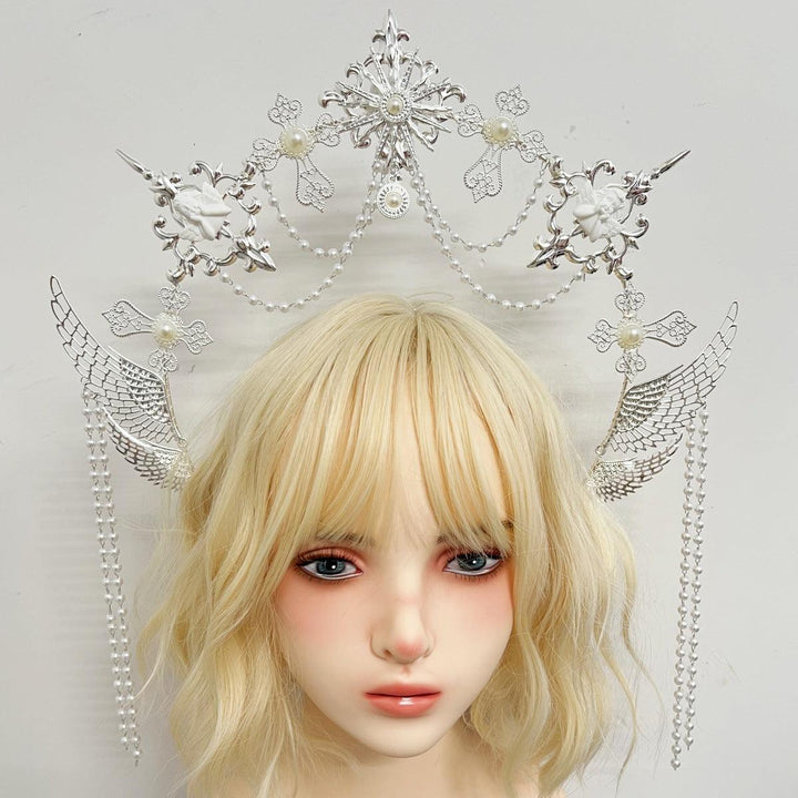 white gothic halo crown headwear with beaded pendant