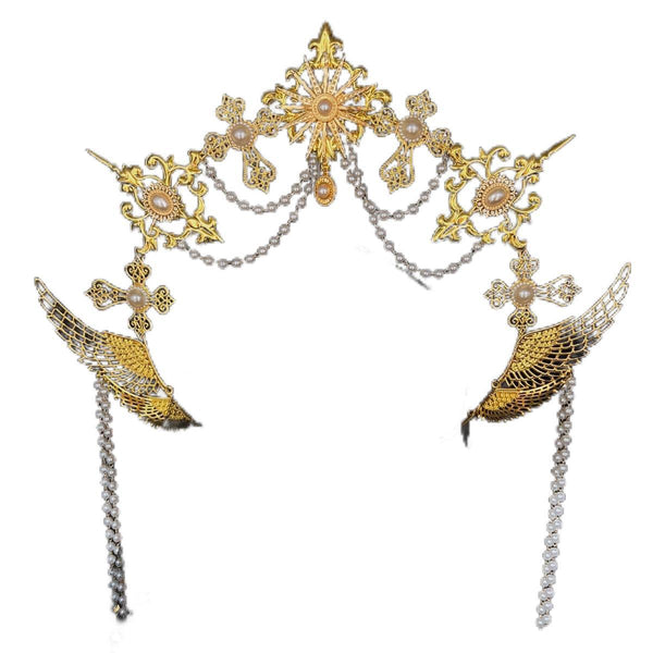gold gothic halo crown headwear with beaded pendant