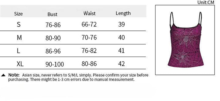 size chart of a gothic athleisure rose stretch double layer cami top