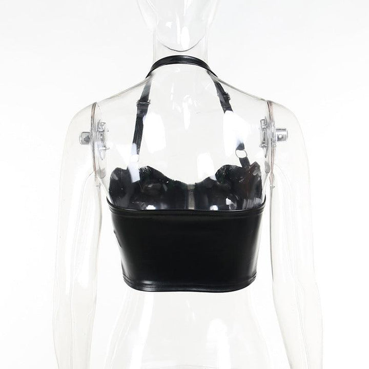 a woman wear a gothic bat shape pu leather sexy sleeveless top vest