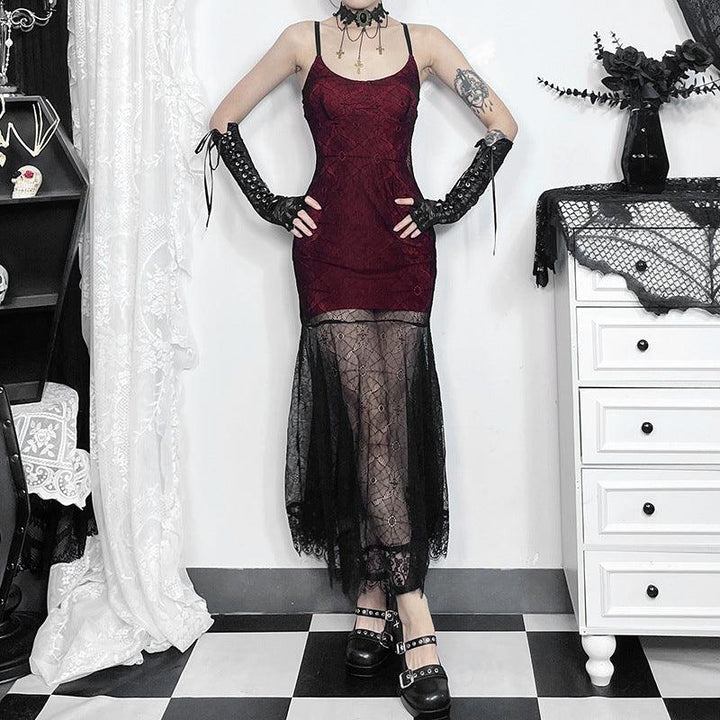 a woman wear a gothic black and red punk lace dress